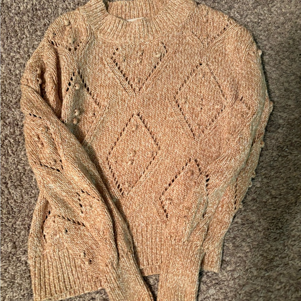 LOFT Tan Cowl Neck Sweater with Cable Knit Design